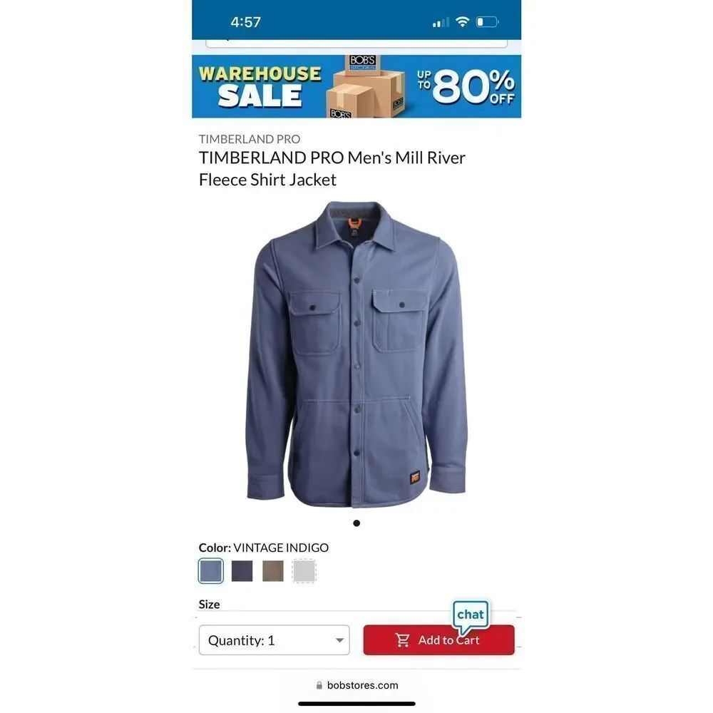 Timberland Pro Menโs Mill River Fleece Shirt Jacketโin Vintage Indigo sz XXL NWT